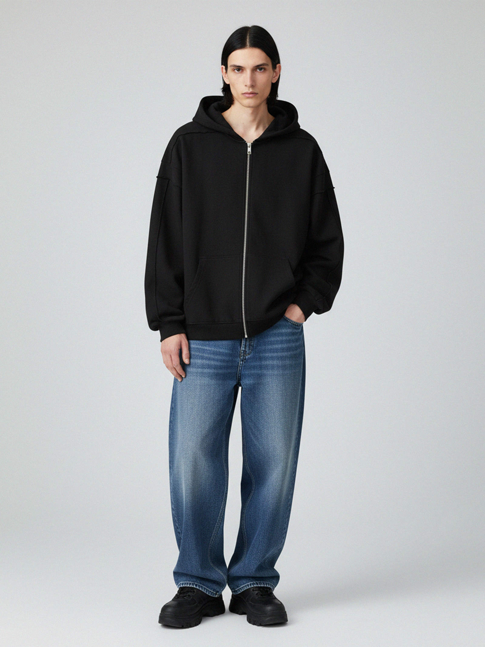 Contrast Tape Raw Edge Zip Hoodie