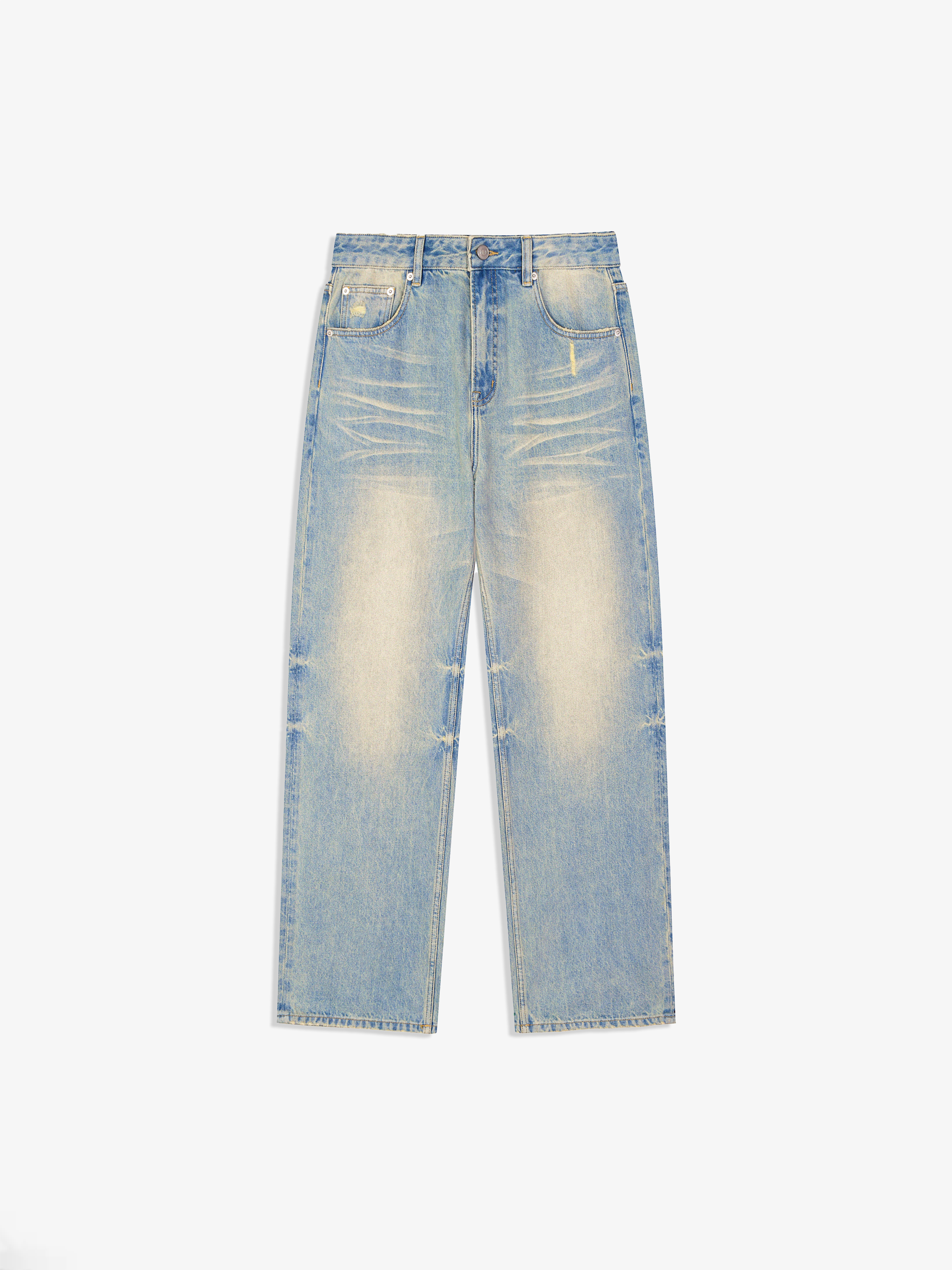 Light blue denim jeans on a white background