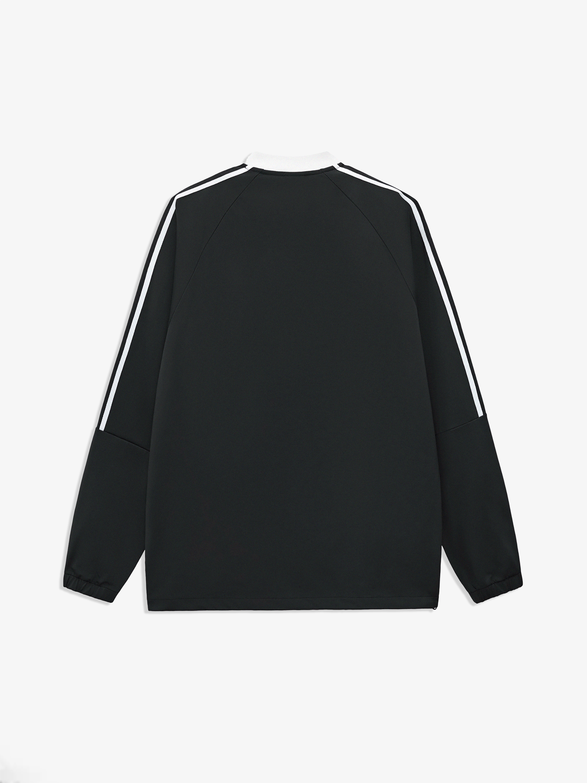 Black long-sleeve shirt with white stripes on a white background