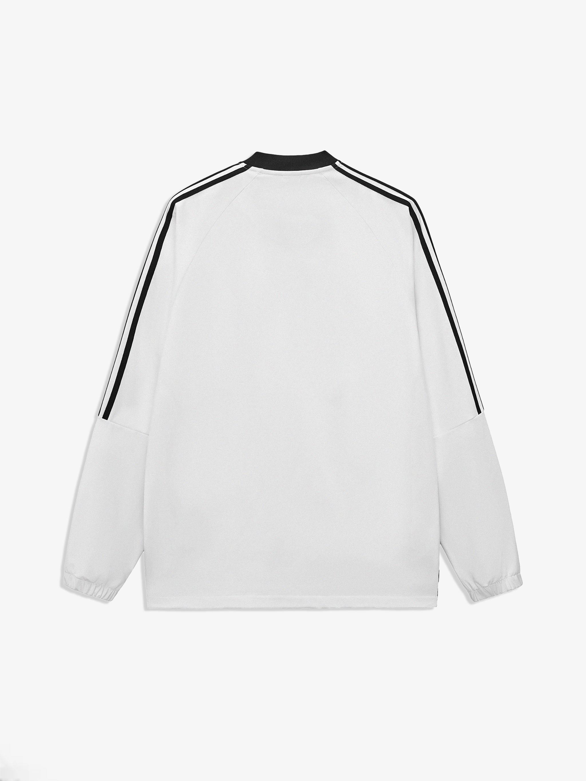White sweatshirt with black stripes on sleeves against a white background
