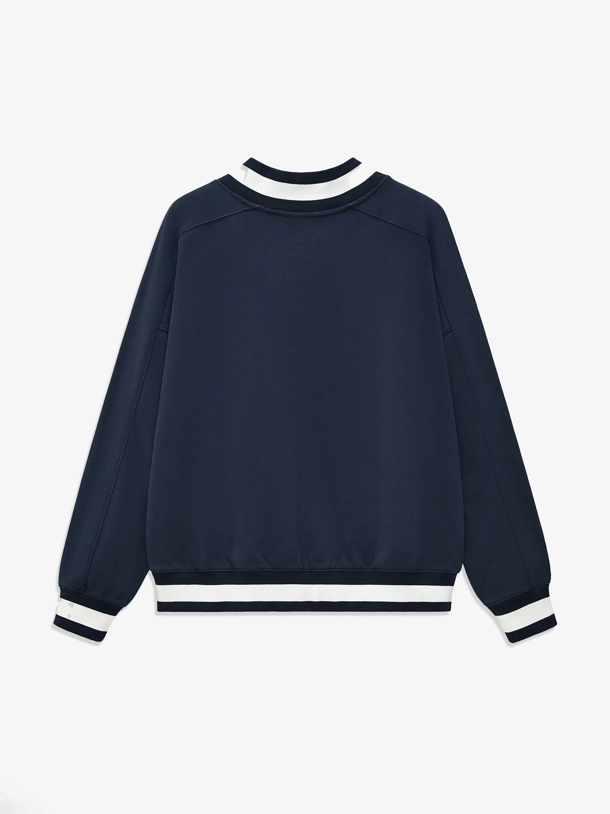 Navy blue sweatshirt with white trim on a light gray background