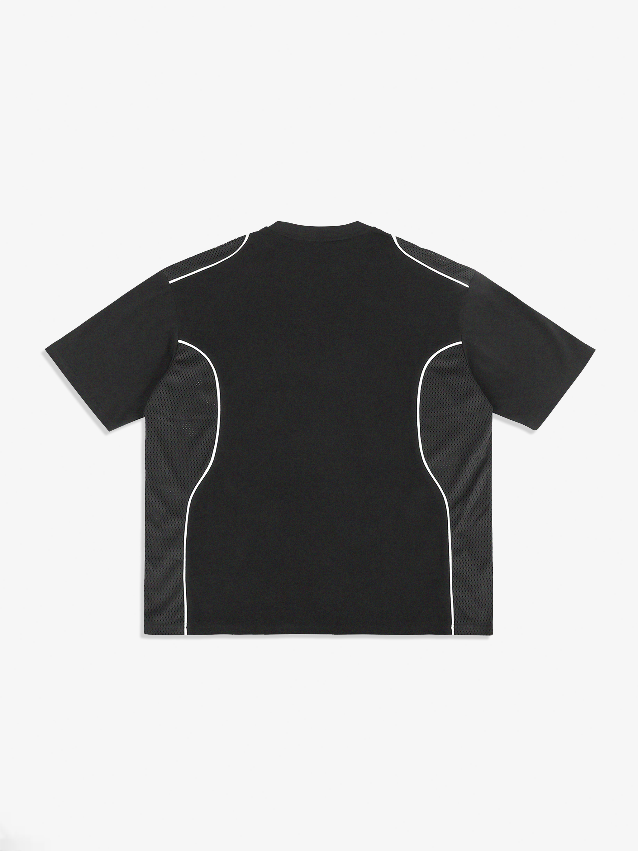 Black t-shirt with white accents on a white background