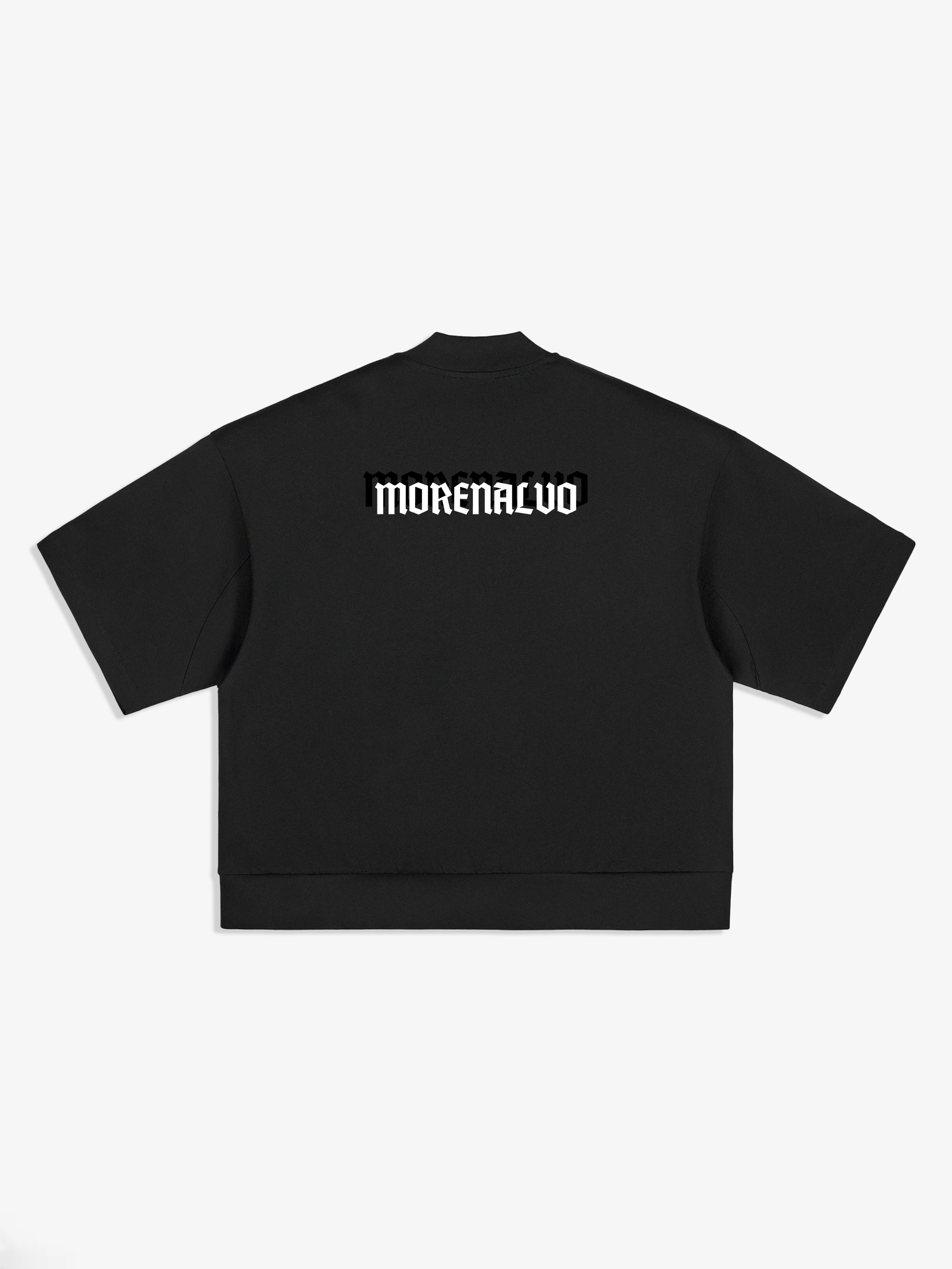 Black t-shirt with 'MORENALVO' branding on the back against a white background