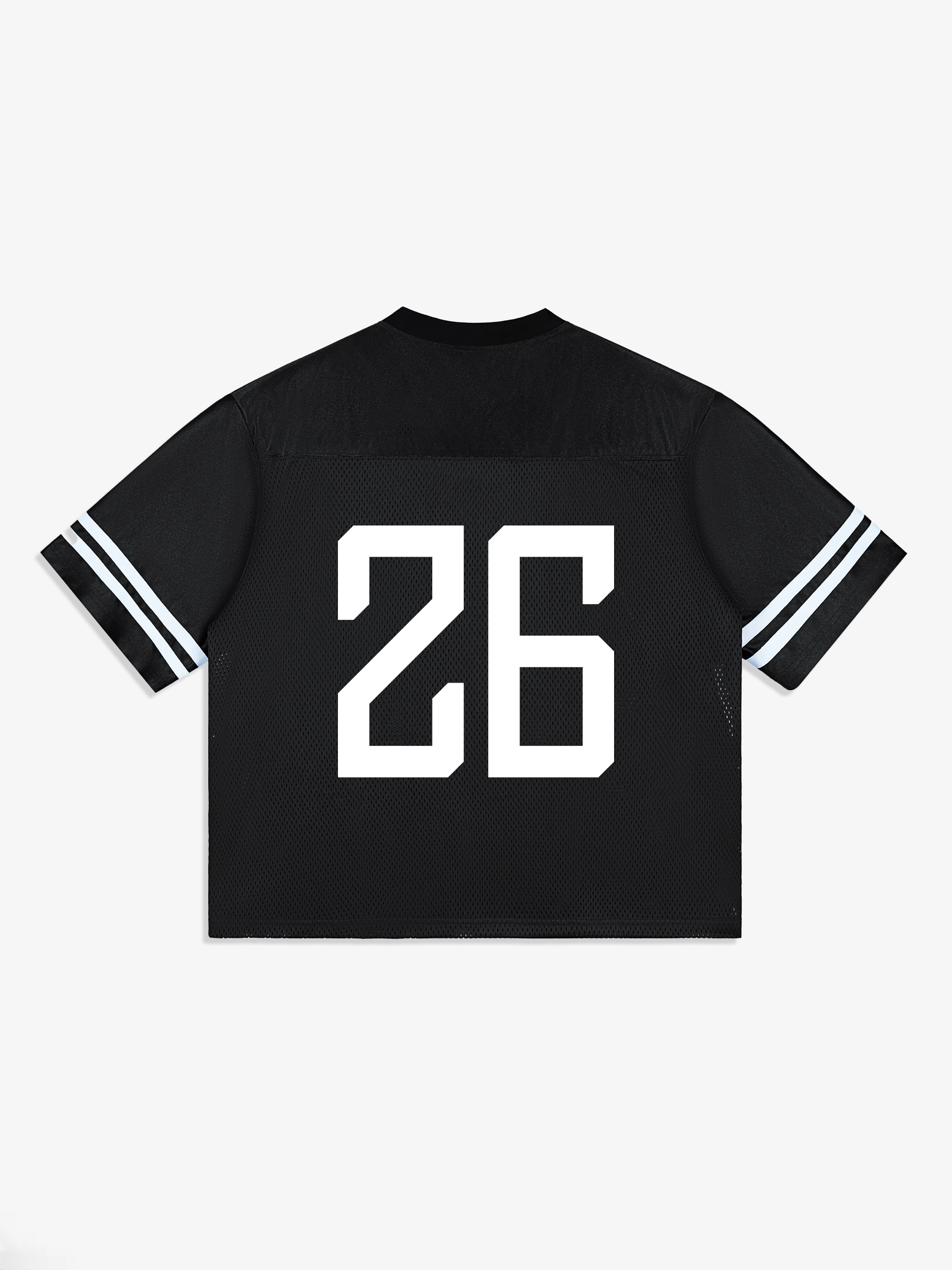 Black baseball-style shirt with number 26 on a white background
