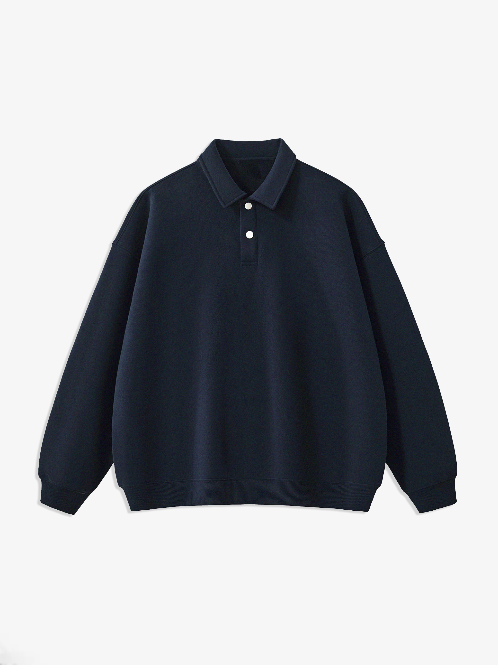 Navy blue sweater with a collar on a light gray background