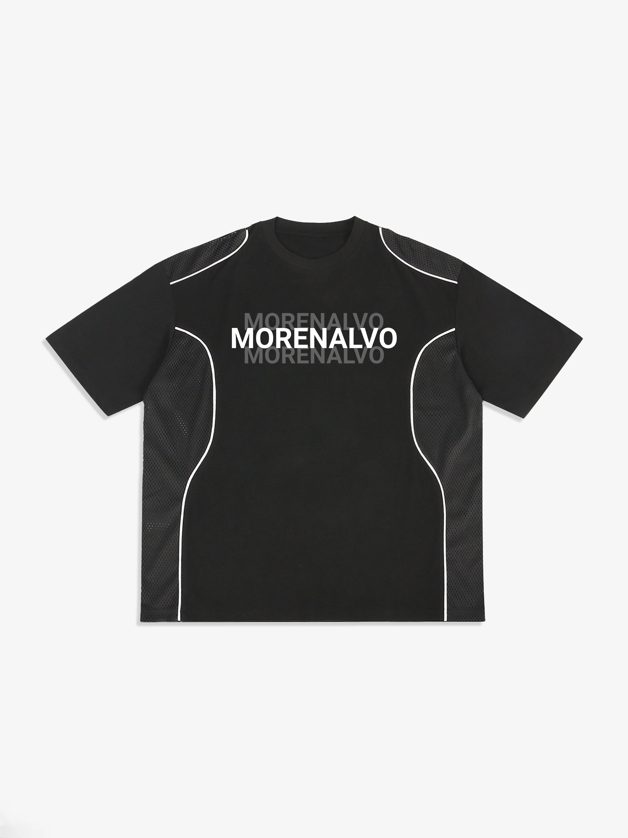 Black t-shirt with 'MORENALVO' branding on a white background