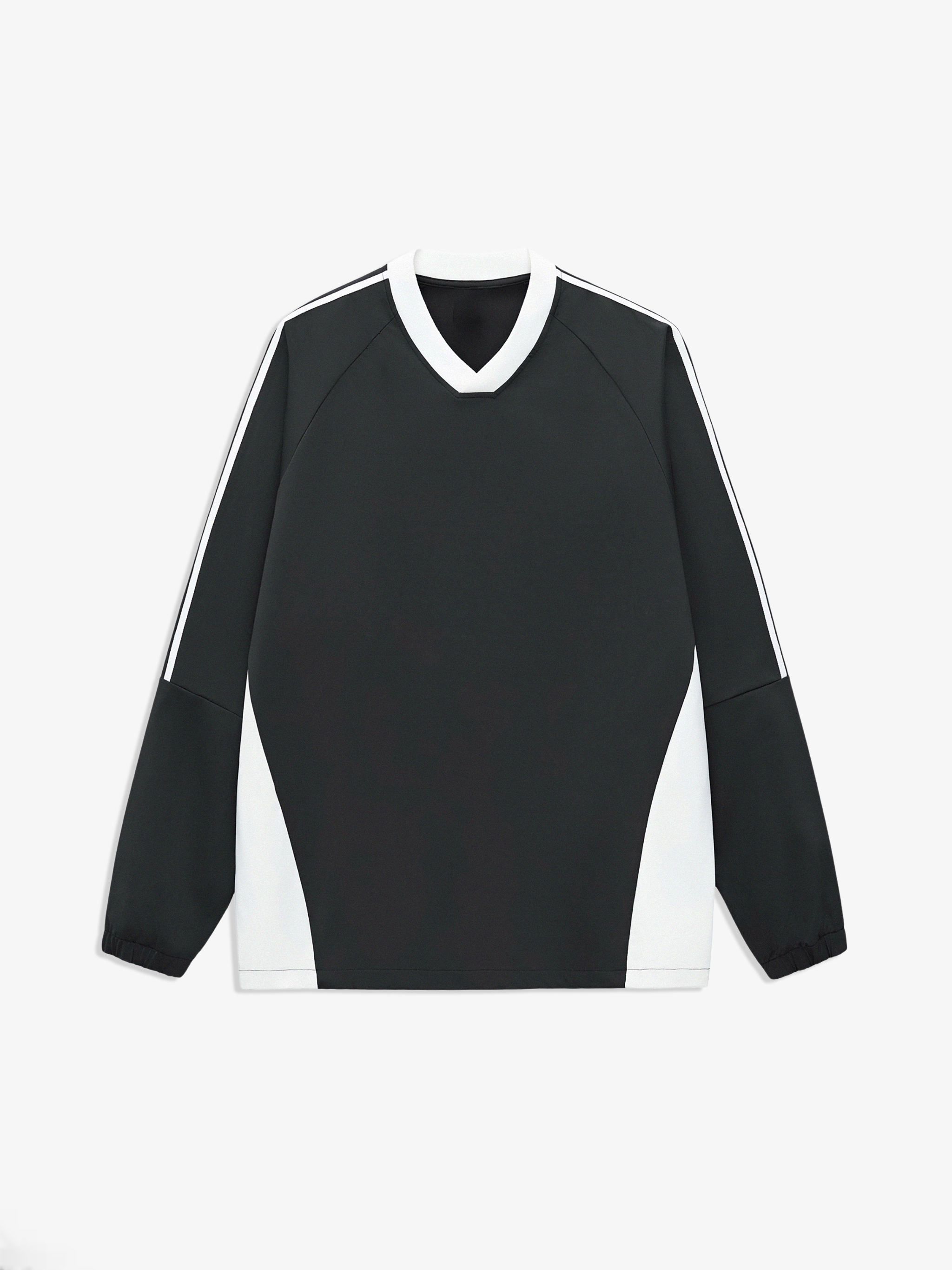 Black long-sleeve shirt with white accents on a white background