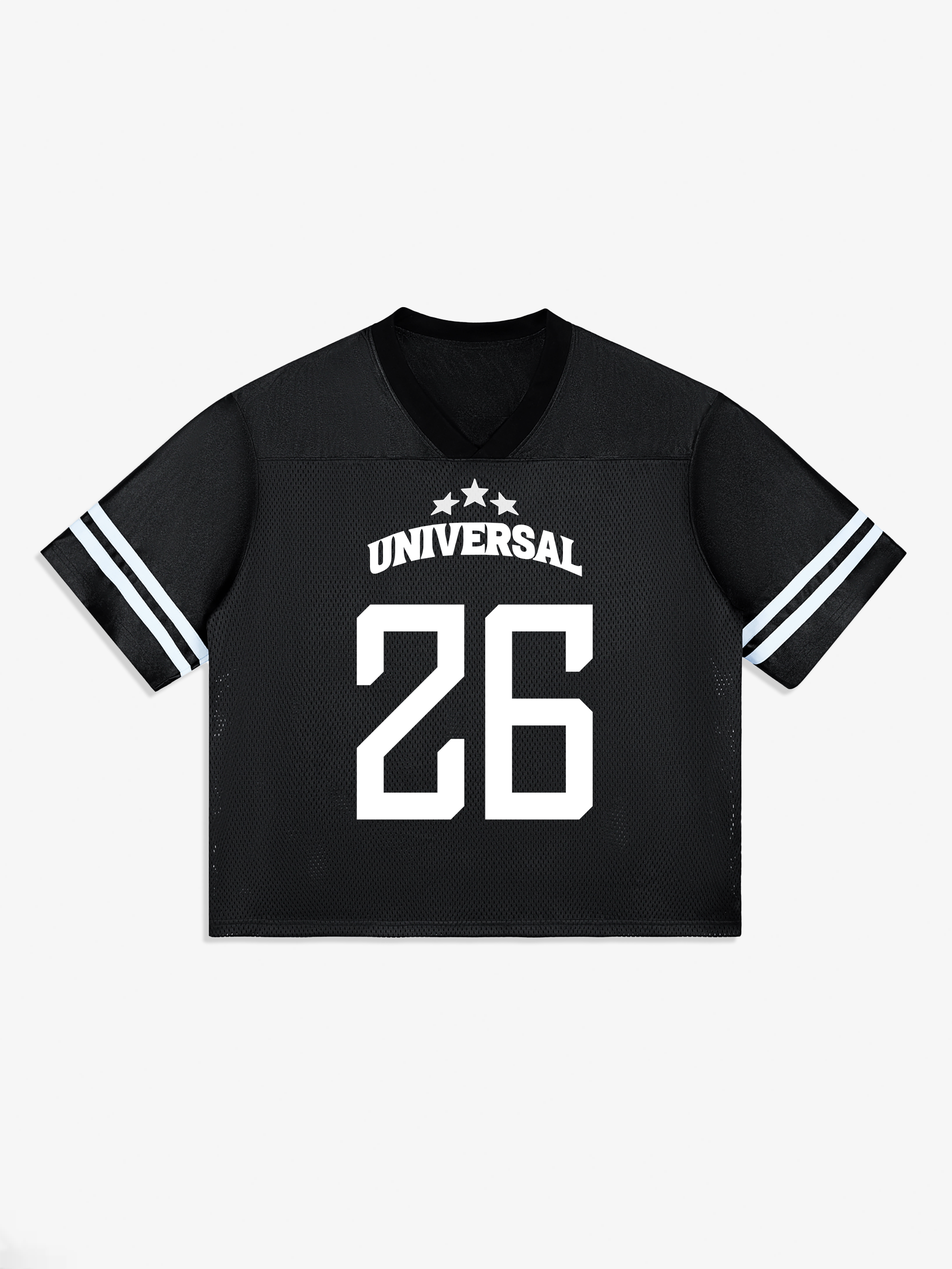 Black sports jersey with 'Universal' and number '26' on a white background