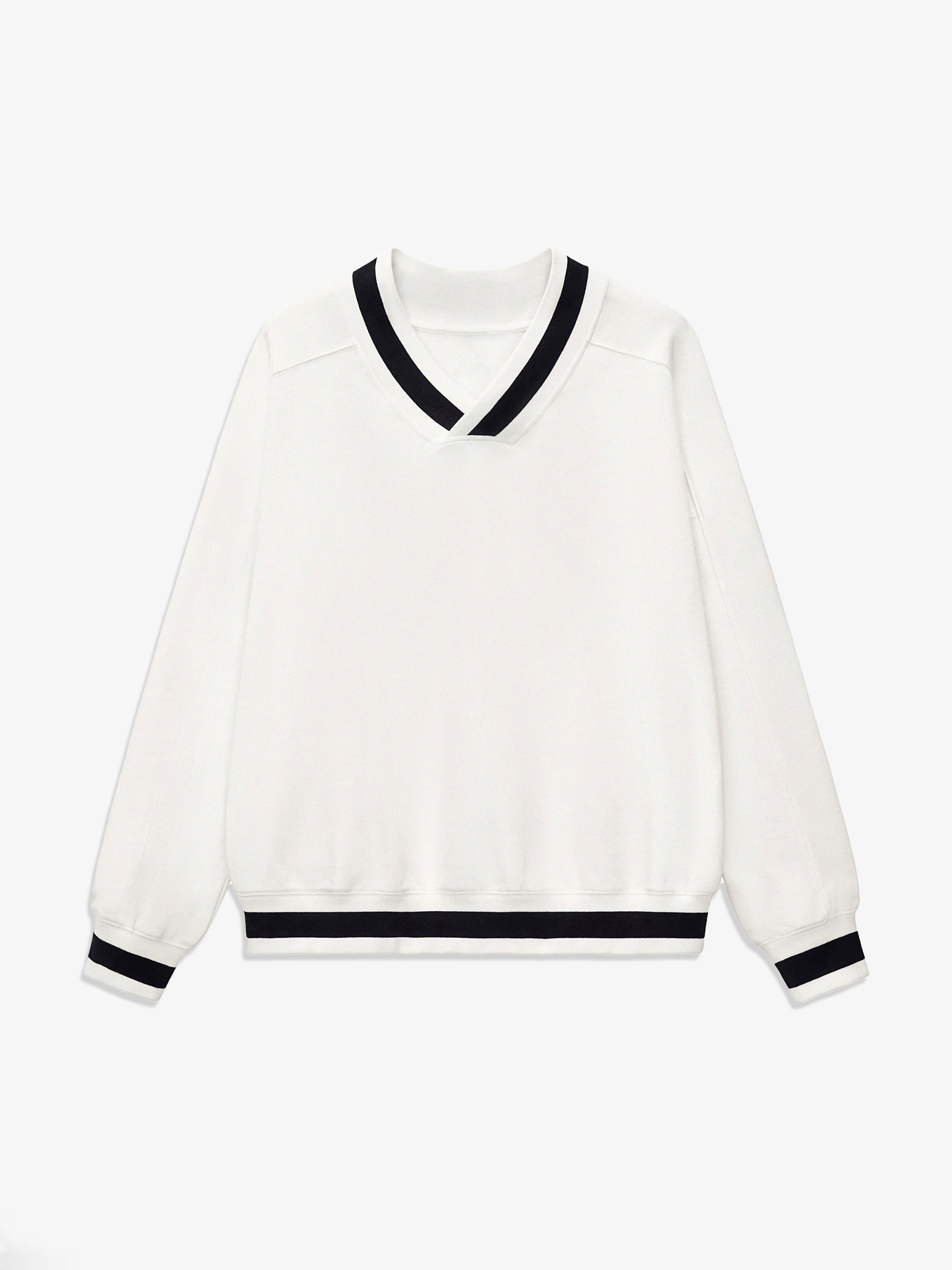 White sweater with black trim on a white background