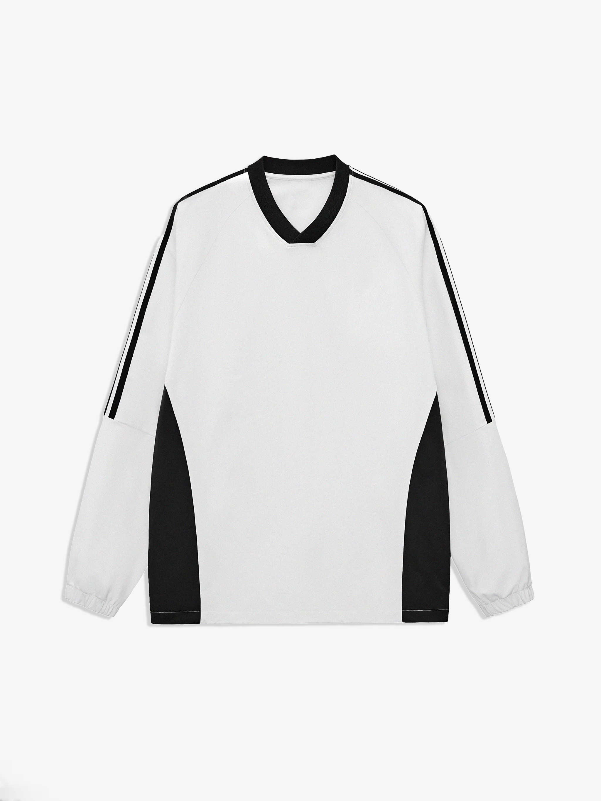 White long-sleeve shirt with black accents on a white background